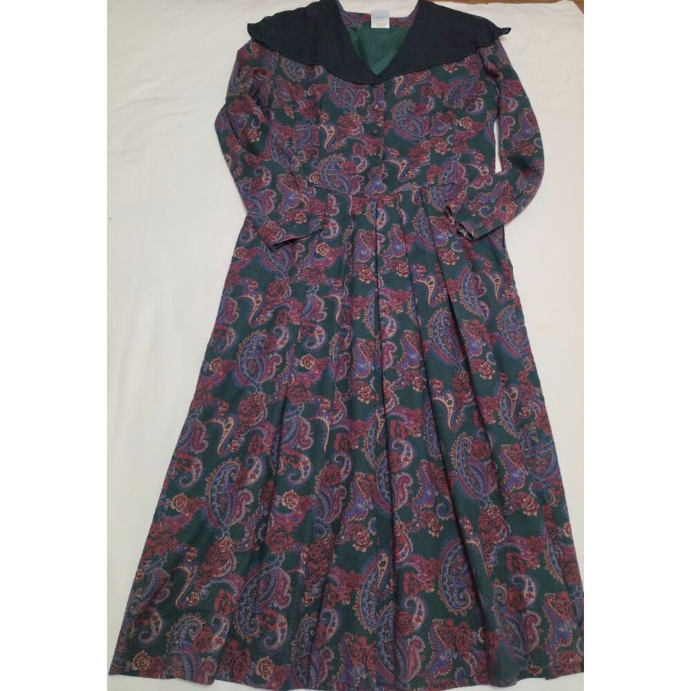 Laura Ashley Vintage 80s wool blend paisley floral dress w chiffon collar 14